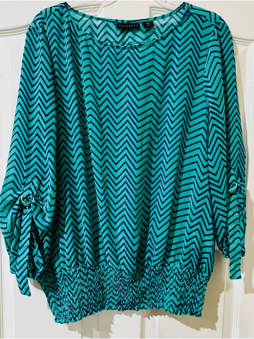 Metaphor Teal & Navy Chevron Blouse Top with Tie Sleeves XL